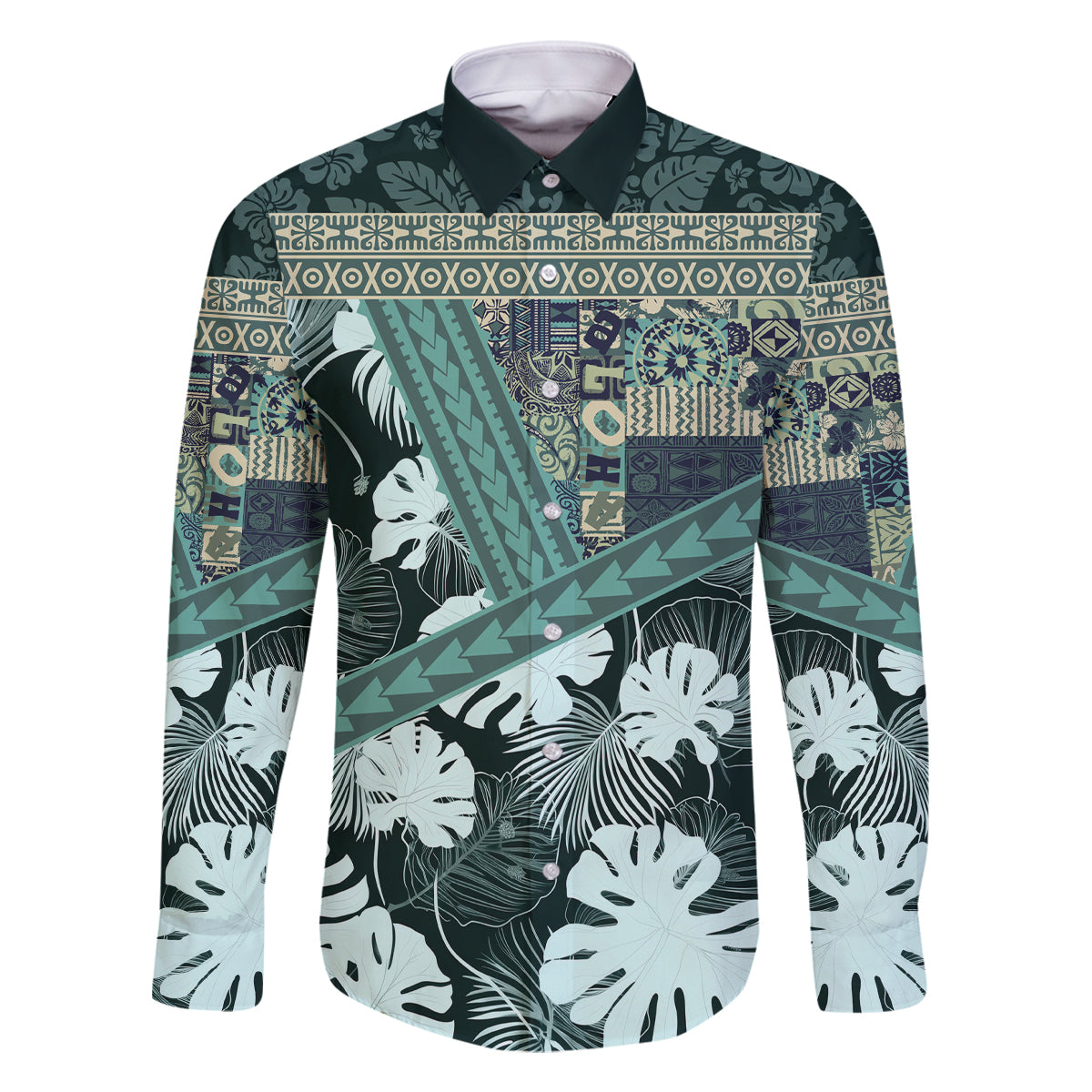Hawaii Plant Kalo Family Matching Mermaid Dress and Hawaiian Shirt Hawaiian Tapa Pattern LT05 Dad's Shirt - Long Sleeve Green - Polynesian Pride