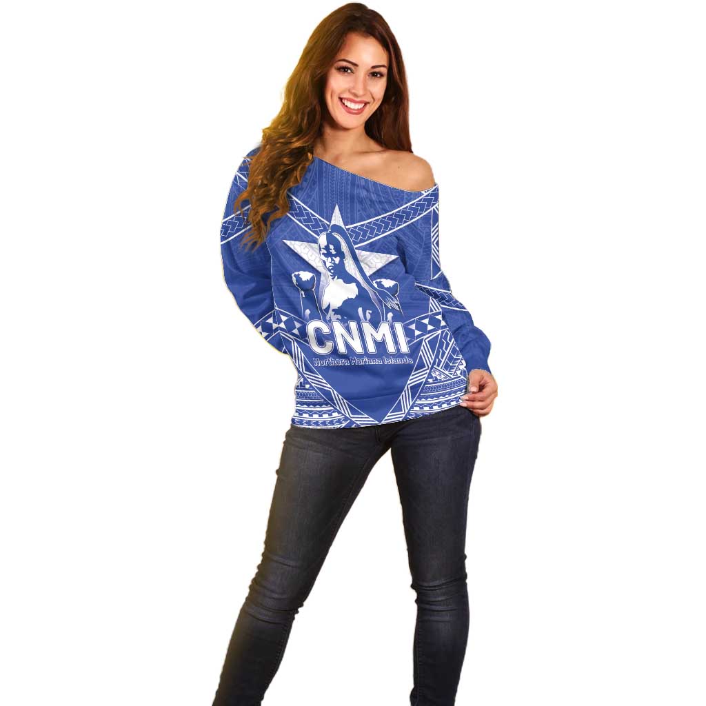Northern Mariana Islands Off Shoulder Sweater Chamorro Warrior Tribal Pattern