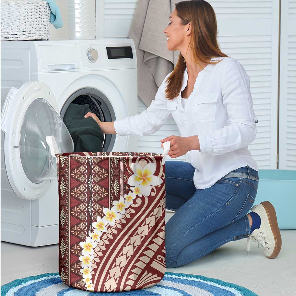 Red Vintage Tonga Ngatu Pattern With Plumeria Laundry Basket - Polynesian Pride