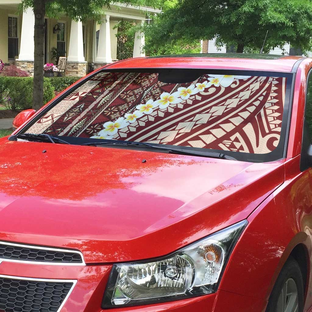 Red Vintage Tonga Ngatu Pattern With Plumeria Auto Sun Shade - Polynesian Pride