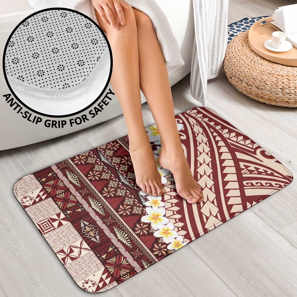 Red Vintage Tonga Ngatu Pattern With Plumeria Bathroom Set - Polynesian Pride