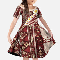 Red Vintage Tonga Ngatu Pattern With Plumeria Family Matching Long Sleeve Bodycon Dress and Hawaiian Shirt LT05 Daughter's Dress Red - Polynesian Pride
