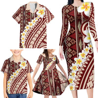Red Vintage Tonga Ngatu Pattern With Plumeria Family Matching Long Sleeve Bodycon Dress and Hawaiian Shirt LT05 - Polynesian Pride