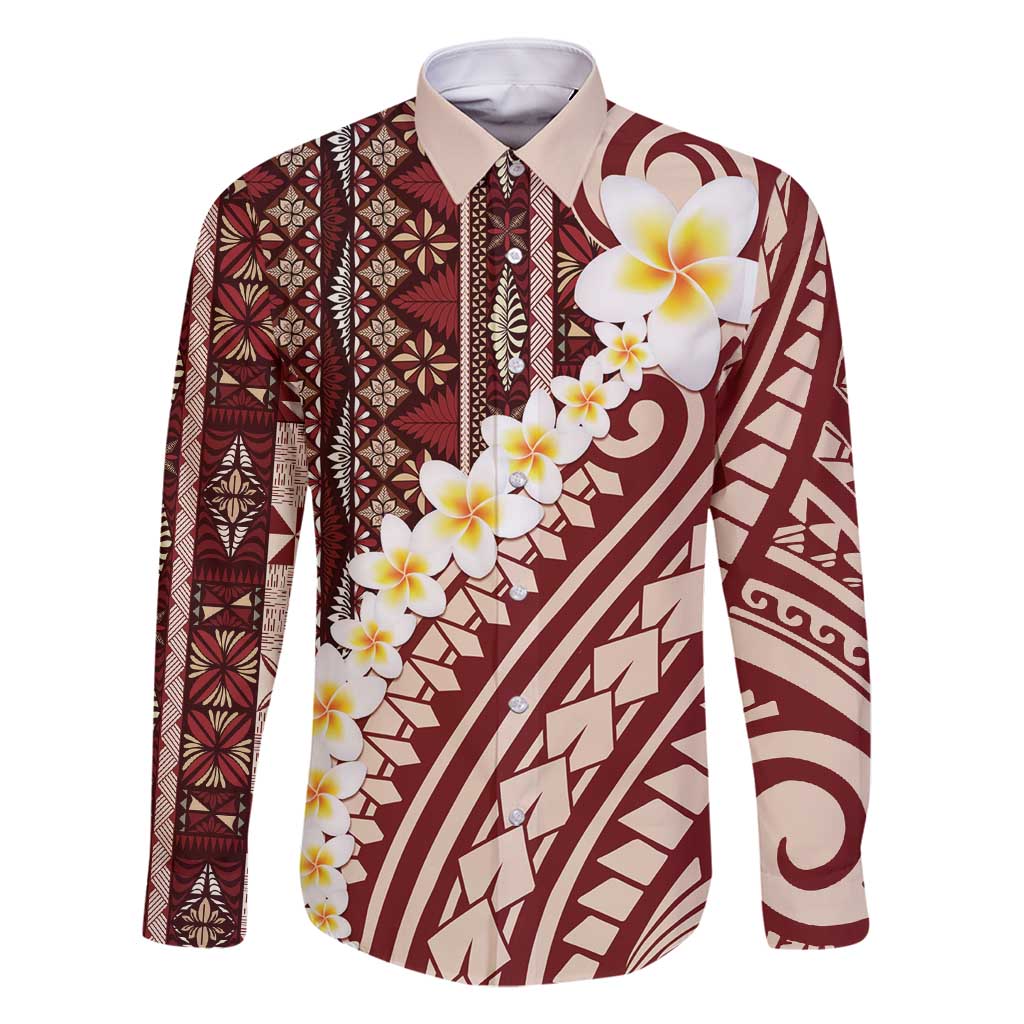 Red Vintage Tonga Ngatu Pattern With Plumeria Family Matching Long Sleeve Bodycon Dress and Hawaiian Shirt LT05 Dad's Shirt - Long Sleeve Red - Polynesian Pride