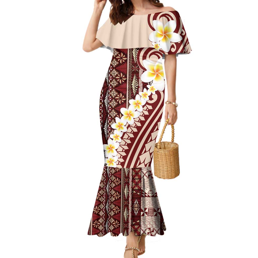 Red Vintage Tonga Ngatu Pattern With Plumeria Family Matching Mermaid Dress and Hawaiian Shirt - Polynesian Pride