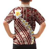Red Vintage Tonga Ngatu Pattern With Plumeria Family Matching Off Shoulder Maxi Dress and Hawaiian Shirt - Polynesian Pride