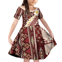 Red Vintage Tonga Ngatu Pattern With Plumeria Family Matching Off Shoulder Short Dress and Hawaiian Shirt - Polynesian Pride