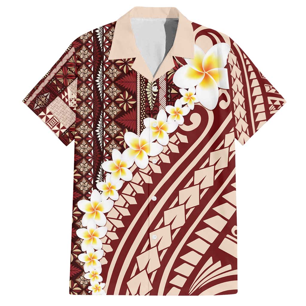 Red Vintage Tonga Ngatu Pattern With Plumeria Family Matching Off Shoulder Short Dress and Hawaiian Shirt - Polynesian Pride