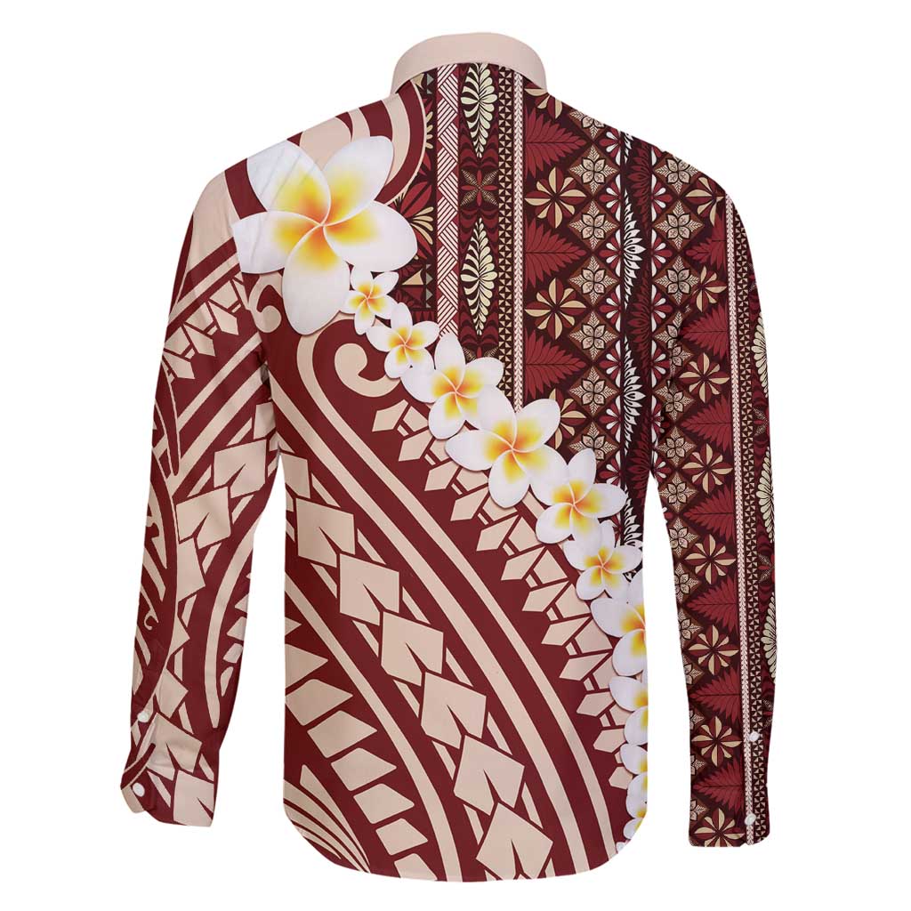 Red Vintage Tonga Ngatu Pattern With Plumeria Family Matching Off Shoulder Short Dress and Hawaiian Shirt - Polynesian Pride