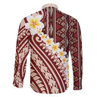 Red Vintage Tonga Ngatu Pattern With Plumeria Family Matching Off Shoulder Short Dress and Hawaiian Shirt - Polynesian Pride