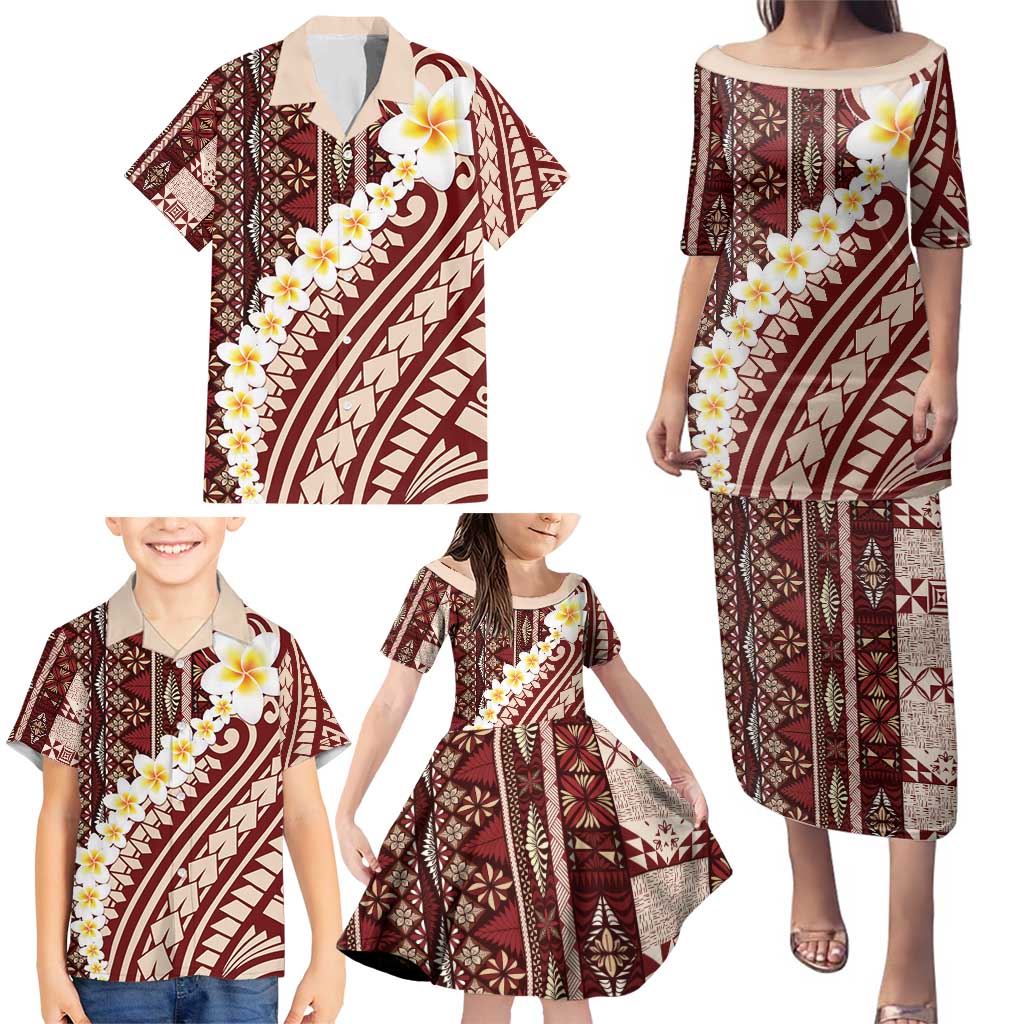 Red Vintage Tonga Ngatu Pattern With Plumeria Family Matching Puletasi and Hawaiian Shirt - Polynesian Pride