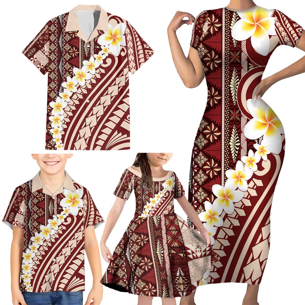 Red Vintage Tonga Ngatu Pattern With Plumeria Family Matching Short Sleeve Bodycon Dress and Hawaiian Shirt LT05 - Polynesian Pride
