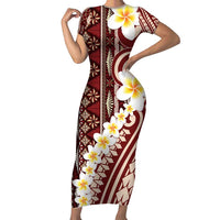Red Vintage Tonga Ngatu Pattern With Plumeria Family Matching Short Sleeve Bodycon Dress and Hawaiian Shirt LT05 Mom's Dress Red - Polynesian Pride