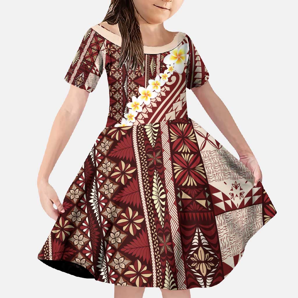 Red Vintage Tonga Ngatu Pattern With Plumeria Family Matching Summer Maxi Dress and Hawaiian Shirt - Polynesian Pride