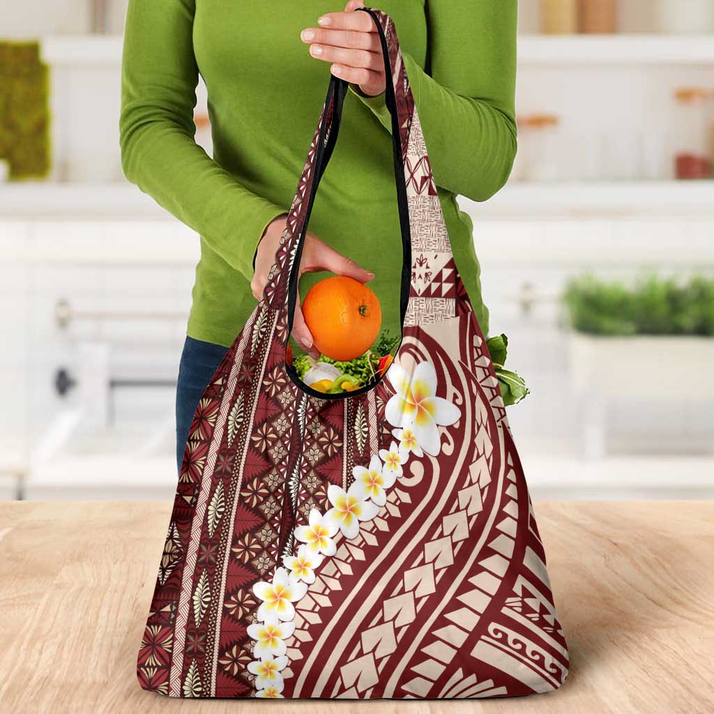 Red Vintage Tonga Ngatu Pattern With Plumeria Grocery Bag - Polynesian Pride