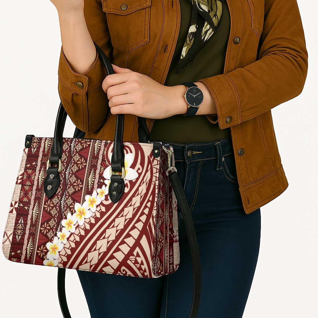 Red Vintage Tonga Ngatu Pattern With Plumeria Leather Bag - Polynesian Pride