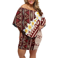 Red Vintage Tonga Ngatu Pattern With Plumeria Off Shoulder Short Dress - Polynesian Pride
