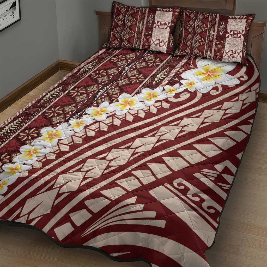 Red Vintage Tonga Ngatu Pattern With Plumeria Quilt Bed Set - Polynesian Pride