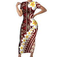 Red Vintage Tonga Ngatu Pattern With Plumeria Short Sleeve Bodycon Dress - Polynesian Pride