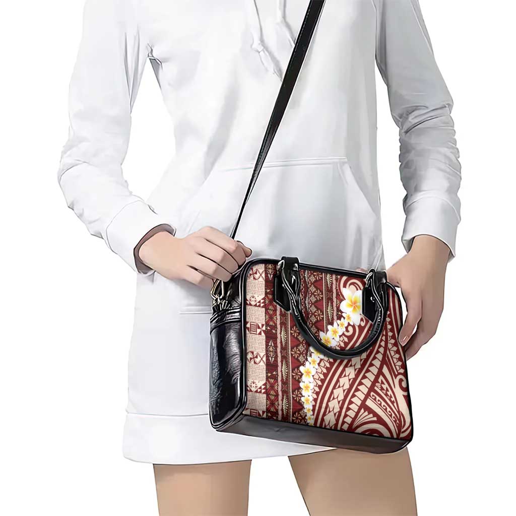 Red Vintage Tonga Ngatu Pattern With Plumeria Shoulder Handbag - Polynesian Pride