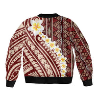 Red Vintage Tonga Ngatu Pattern With Plumeria Sleeve Zip Bomber Jacket - Polynesian Pride