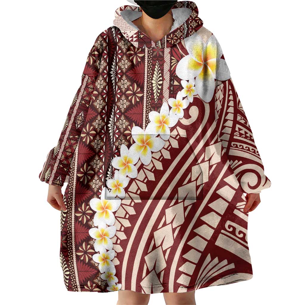 Red Vintage Tonga Ngatu Pattern With Plumeria Wearable Blanket Hoodie LT05 - Polynesian Pride