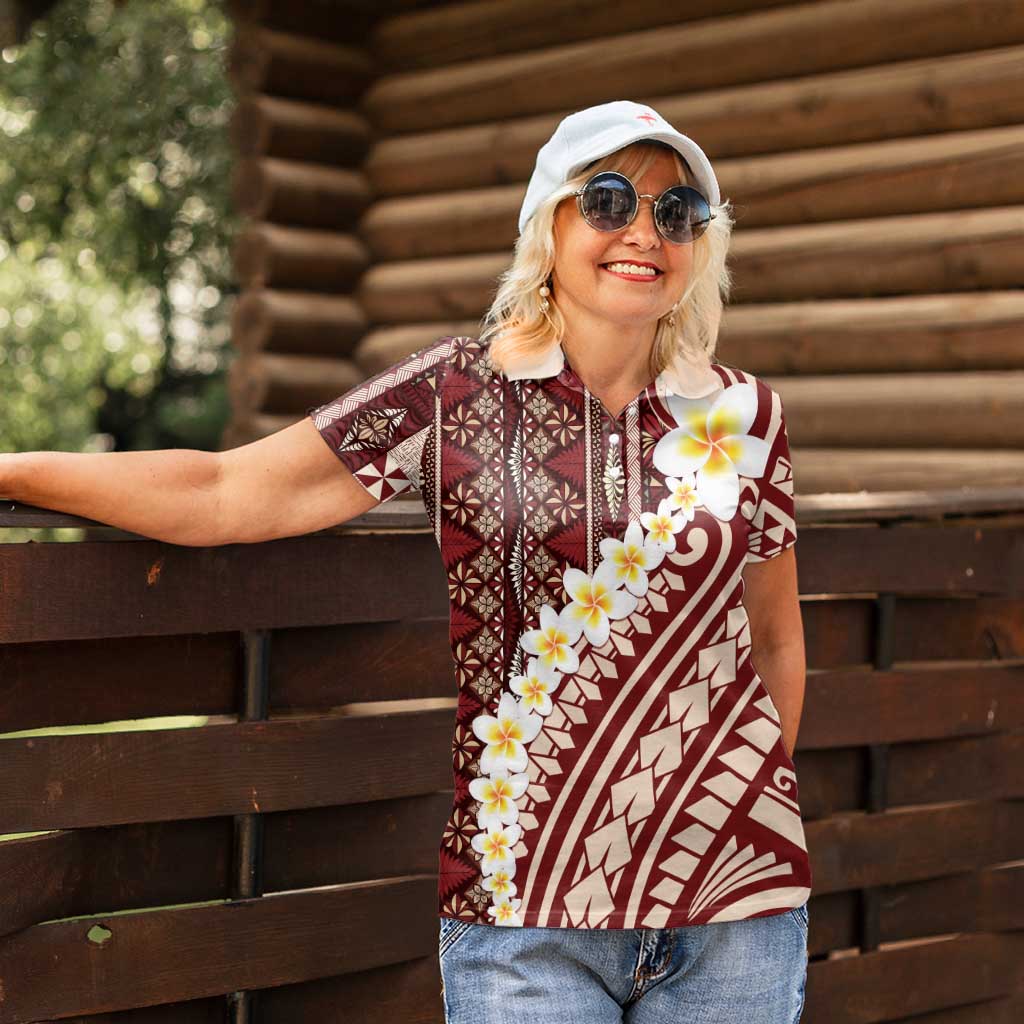Red Vintage Tonga Ngatu Pattern With Plumeria Women Polo Shirt - Polynesian Pride