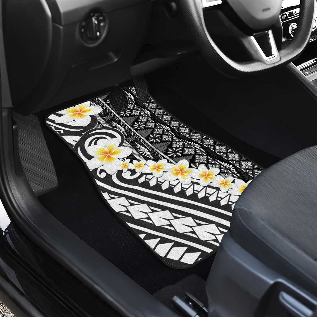 Black Vintage Tonga Ngatu Pattern With Plumeria Car Mats - Polynesian Pride