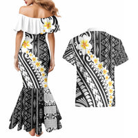 Black Vintage Tonga Ngatu Pattern With Plumeria Couples Matching Mermaid Dress and Hawaiian Shirt LT05 - Polynesian Pride