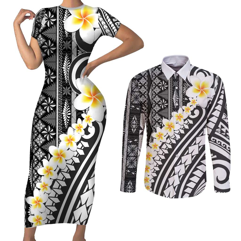 Black Vintage Tonga Ngatu Pattern With Plumeria Couples Matching Short Sleeve Bodycon Dress and Long Sleeve Button Shirt - Polynesian Pride