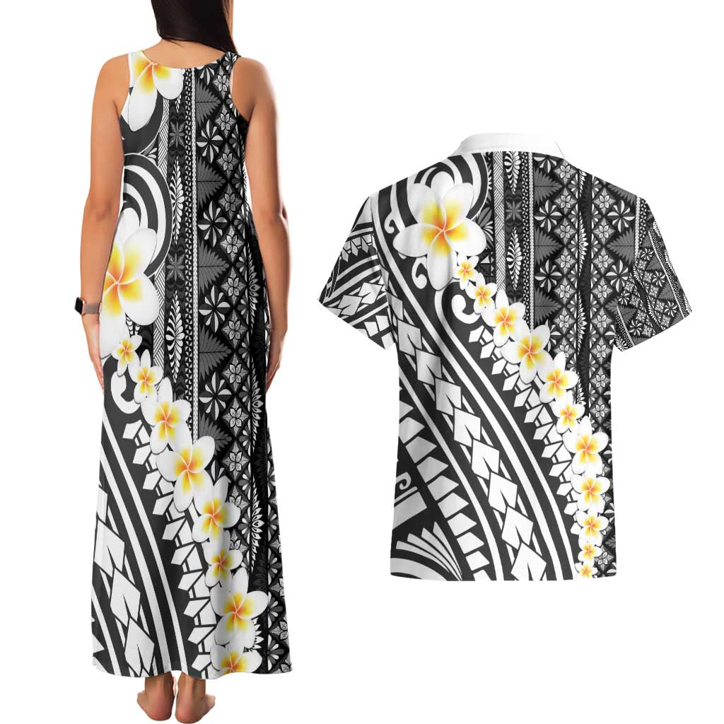 Black Vintage Tonga Ngatu Pattern With Plumeria Couples Matching Tank Maxi Dress and Hawaiian Shirt - Polynesian Pride