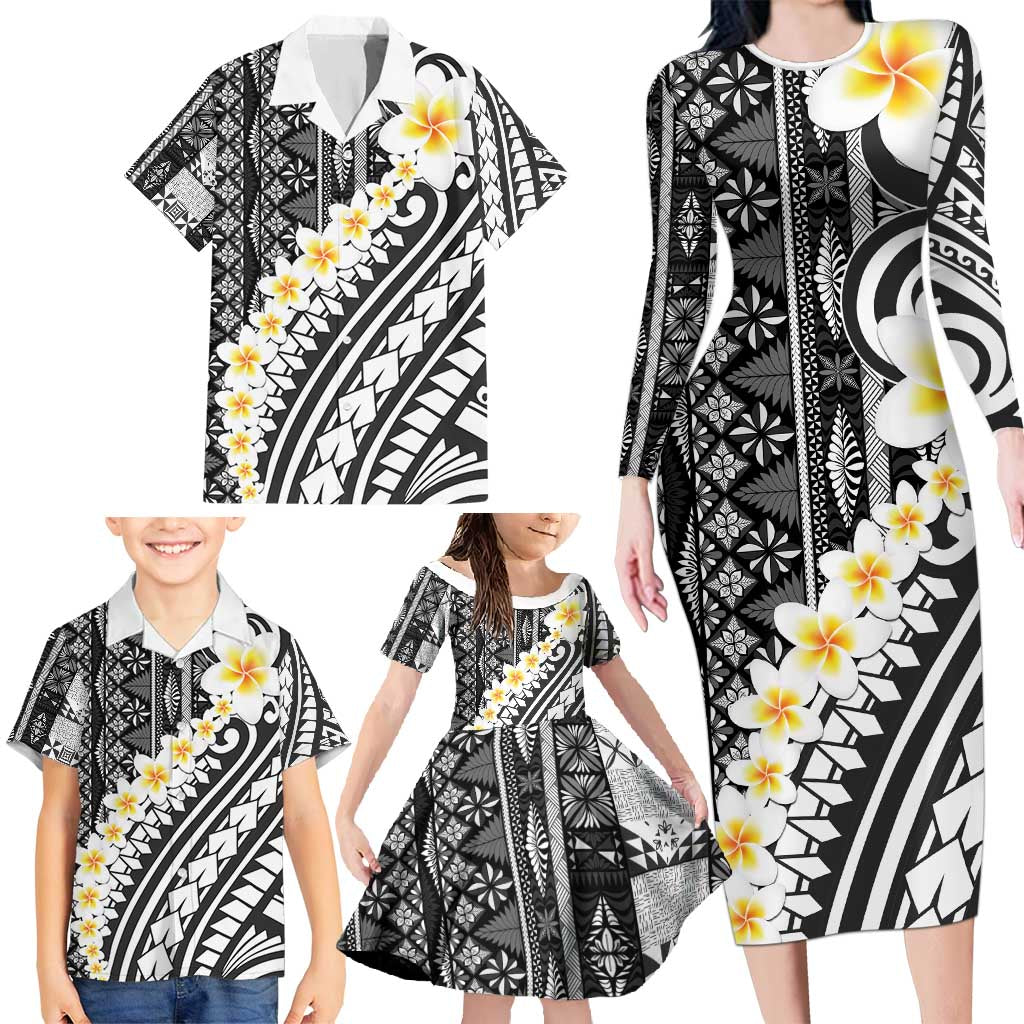 Black Vintage Tonga Ngatu Pattern With Plumeria Family Matching Long Sleeve Bodycon Dress and Hawaiian Shirt LT05 - Polynesian Pride