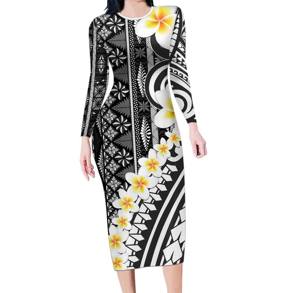 Black Vintage Tonga Ngatu Pattern With Plumeria Family Matching Long Sleeve Bodycon Dress and Hawaiian Shirt LT05 Mom's Dress Black - Polynesian Pride