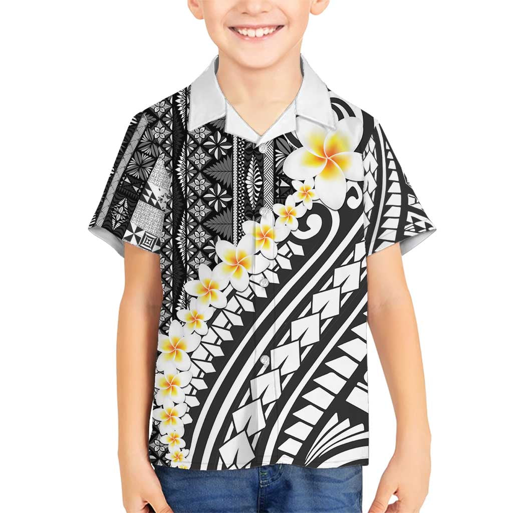 Black Vintage Tonga Ngatu Pattern With Plumeria Family Matching Long Sleeve Bodycon Dress and Hawaiian Shirt LT05 Son's Shirt Black - Polynesian Pride