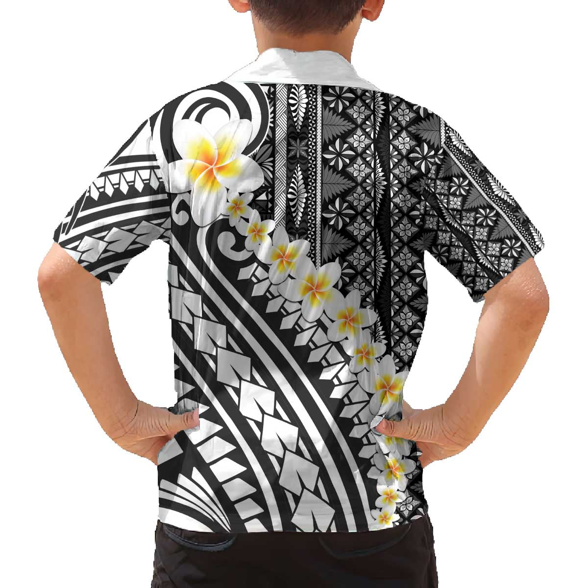 Black Vintage Tonga Ngatu Pattern With Plumeria Family Matching Off The Shoulder Long Sleeve Dress and Hawaiian Shirt LT05 - Polynesian Pride