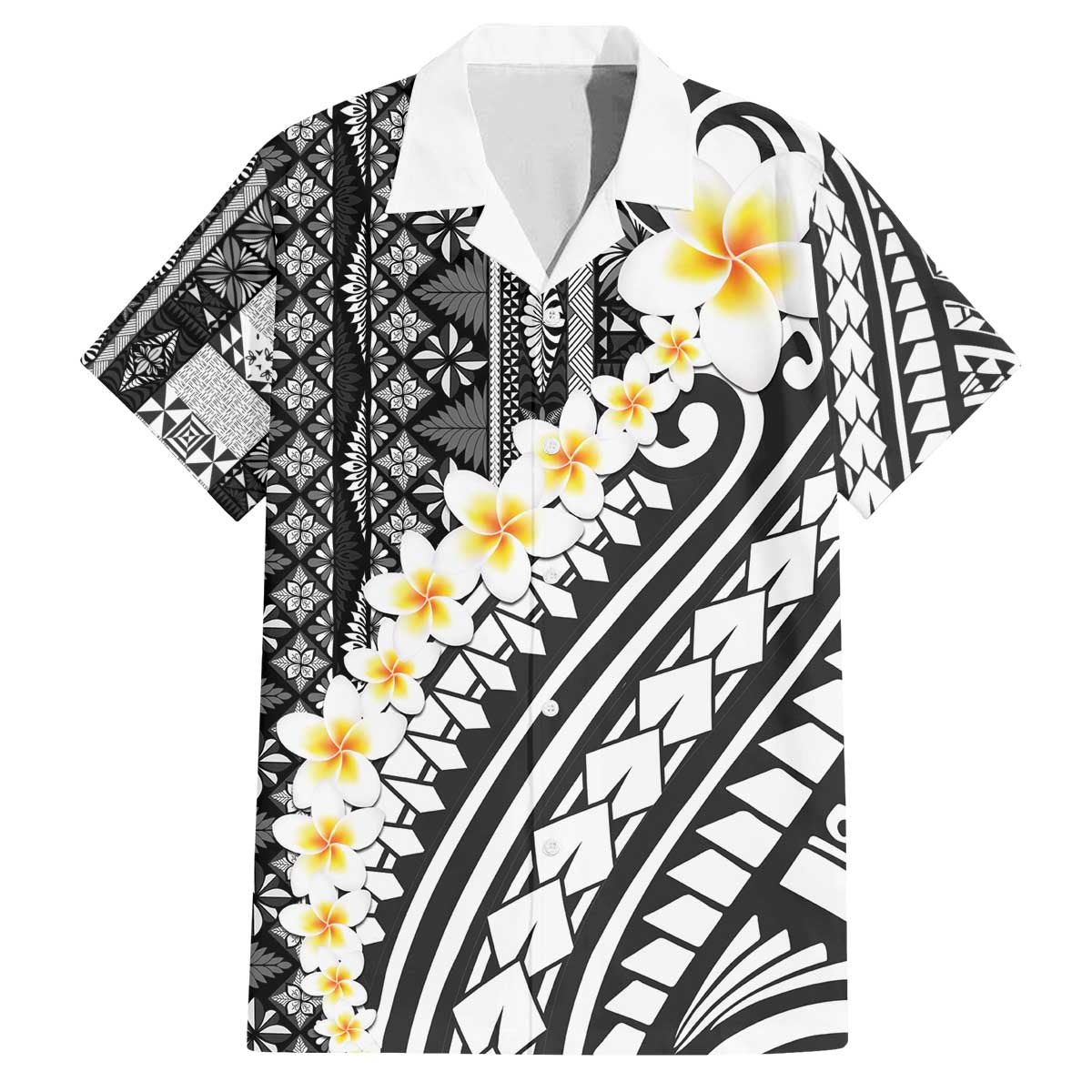 Black Vintage Tonga Ngatu Pattern With Plumeria Family Matching Off The Shoulder Long Sleeve Dress and Hawaiian Shirt LT05 Dad's Shirt - Short Sleeve Black - Polynesian Pride