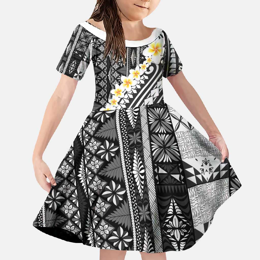 Black Vintage Tonga Ngatu Pattern With Plumeria Family Matching Off Shoulder Maxi Dress and Hawaiian Shirt - Polynesian Pride