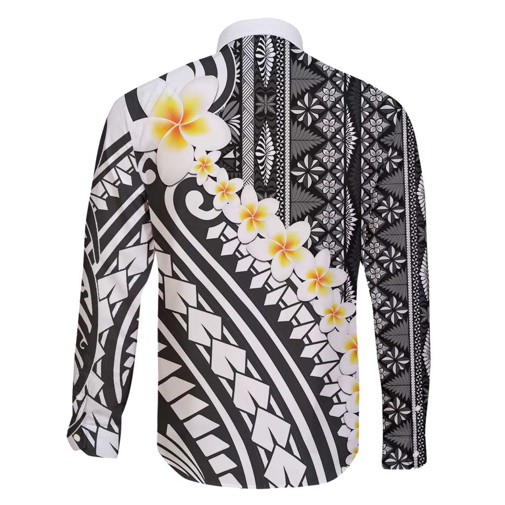 Black Vintage Tonga Ngatu Pattern With Plumeria Family Matching Off Shoulder Short Dress and Hawaiian Shirt - Polynesian Pride