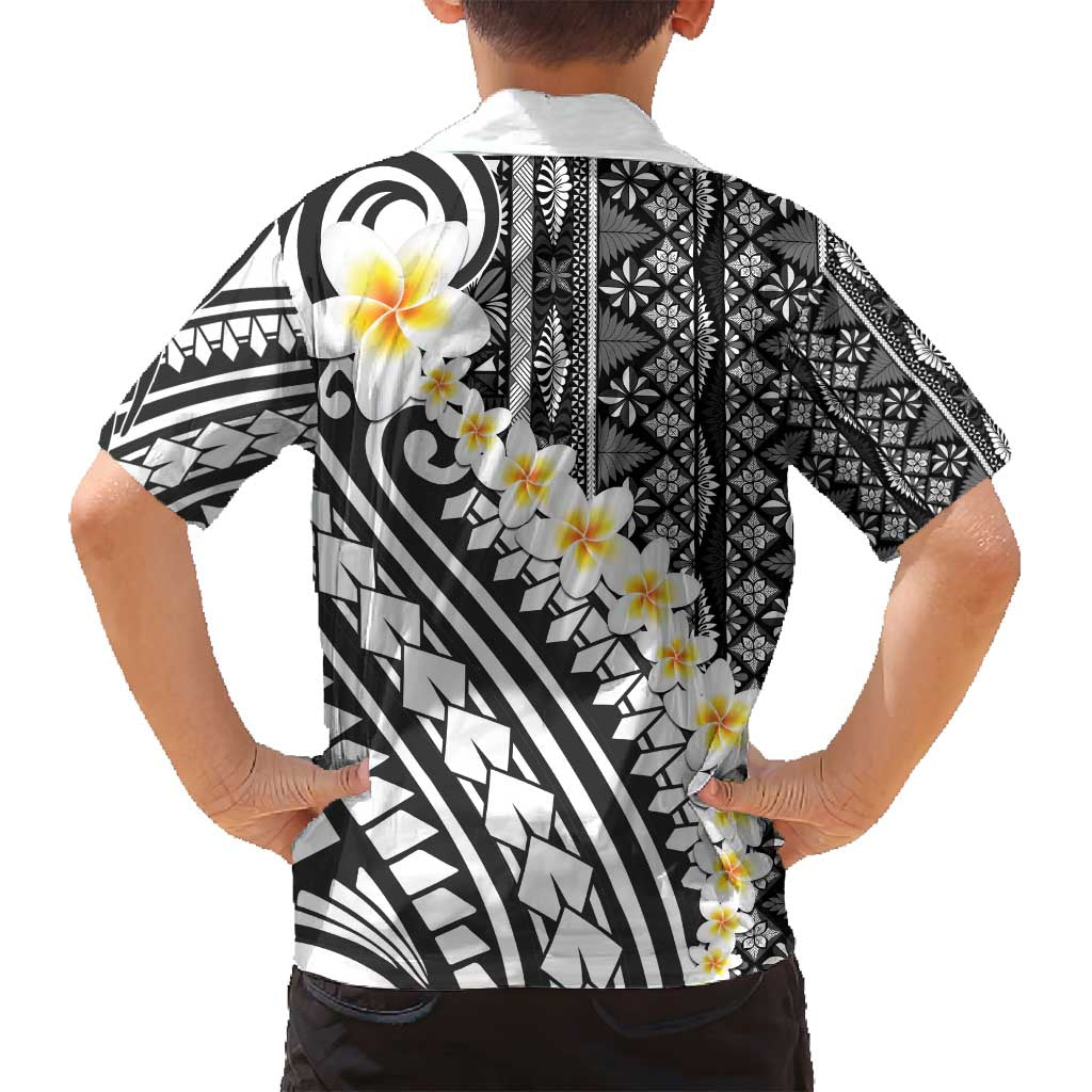 Black Vintage Tonga Ngatu Pattern With Plumeria Family Matching Puletasi and Hawaiian Shirt - Polynesian Pride