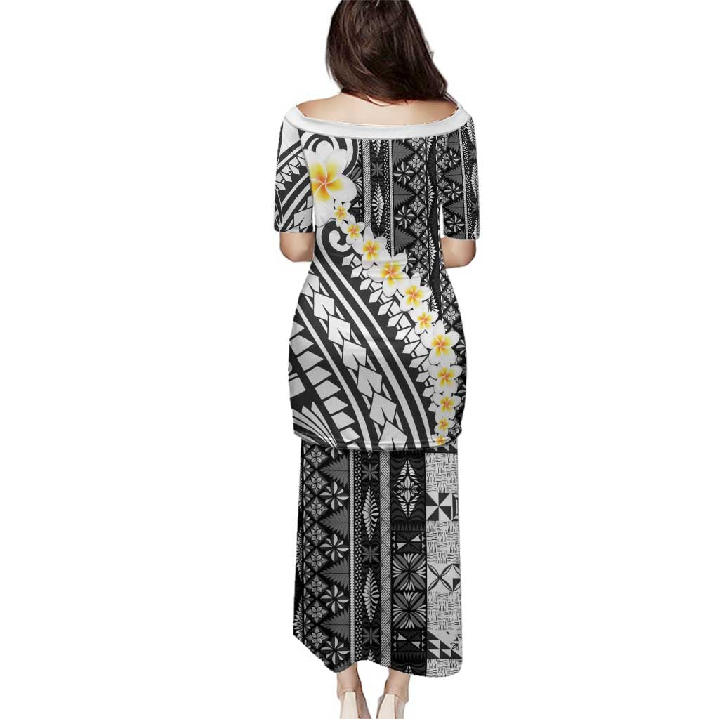 Black Vintage Tonga Ngatu Pattern With Plumeria Family Matching Puletasi and Hawaiian Shirt - Polynesian Pride