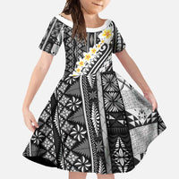 Black Vintage Tonga Ngatu Pattern With Plumeria Family Matching Short Sleeve Bodycon Dress and Hawaiian Shirt LT05 Daughter's Dress Black - Polynesian Pride