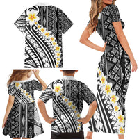 Black Vintage Tonga Ngatu Pattern With Plumeria Family Matching Short Sleeve Bodycon Dress and Hawaiian Shirt LT05 - Polynesian Pride