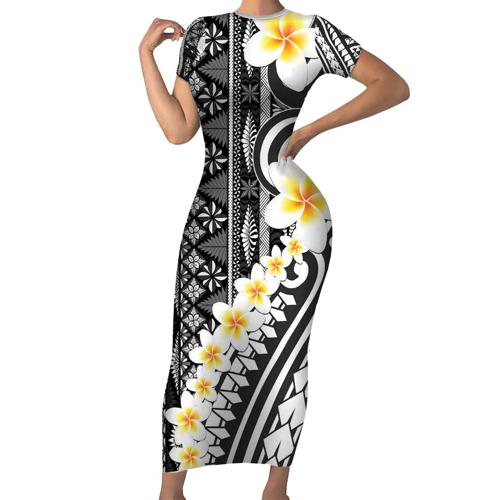 Black Vintage Tonga Ngatu Pattern With Plumeria Family Matching Short Sleeve Bodycon Dress and Hawaiian Shirt LT05 Mom's Dress Black - Polynesian Pride