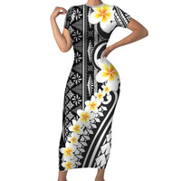 Black Vintage Tonga Ngatu Pattern With Plumeria Family Matching Short Sleeve Bodycon Dress and Hawaiian Shirt LT05 Mom's Dress Black - Polynesian Pride