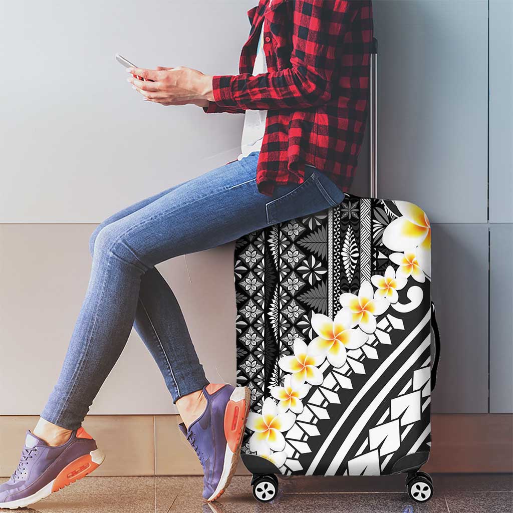 Black Vintage Tonga Ngatu Pattern With Plumeria Luggage Cover - Polynesian Pride