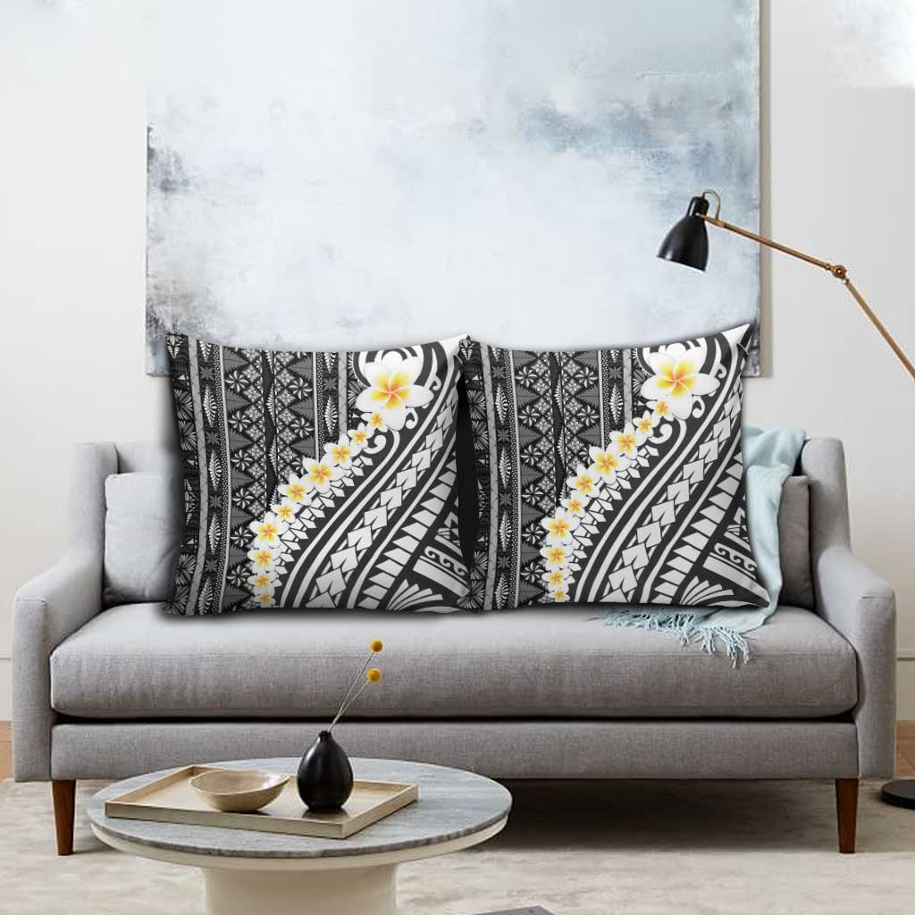 Black Vintage Tonga Ngatu Pattern With Plumeria Pillow Cover - Polynesian Pride