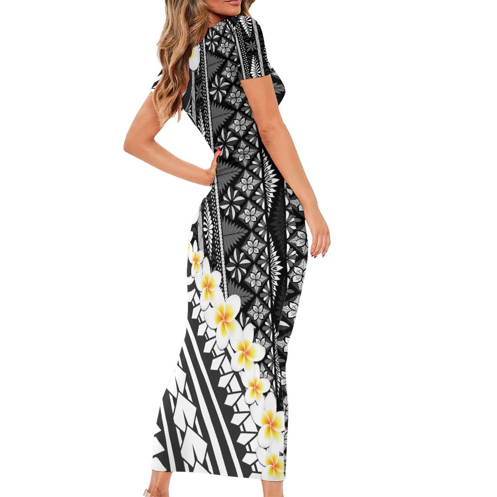 Black Vintage Tonga Ngatu Pattern With Plumeria Short Sleeve Bodycon Dress - Polynesian Pride