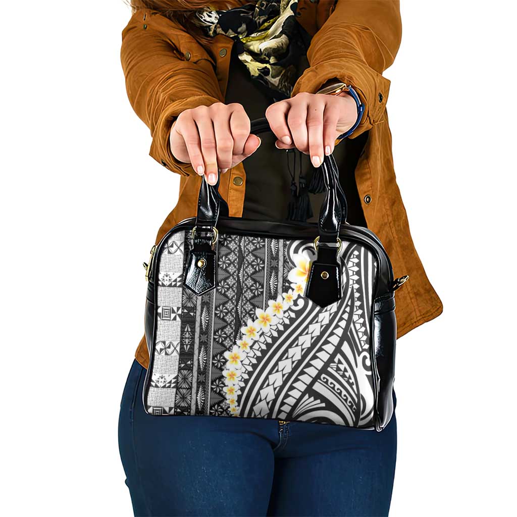 Black Vintage Tonga Ngatu Pattern With Plumeria Shoulder Handbag - Polynesian Pride