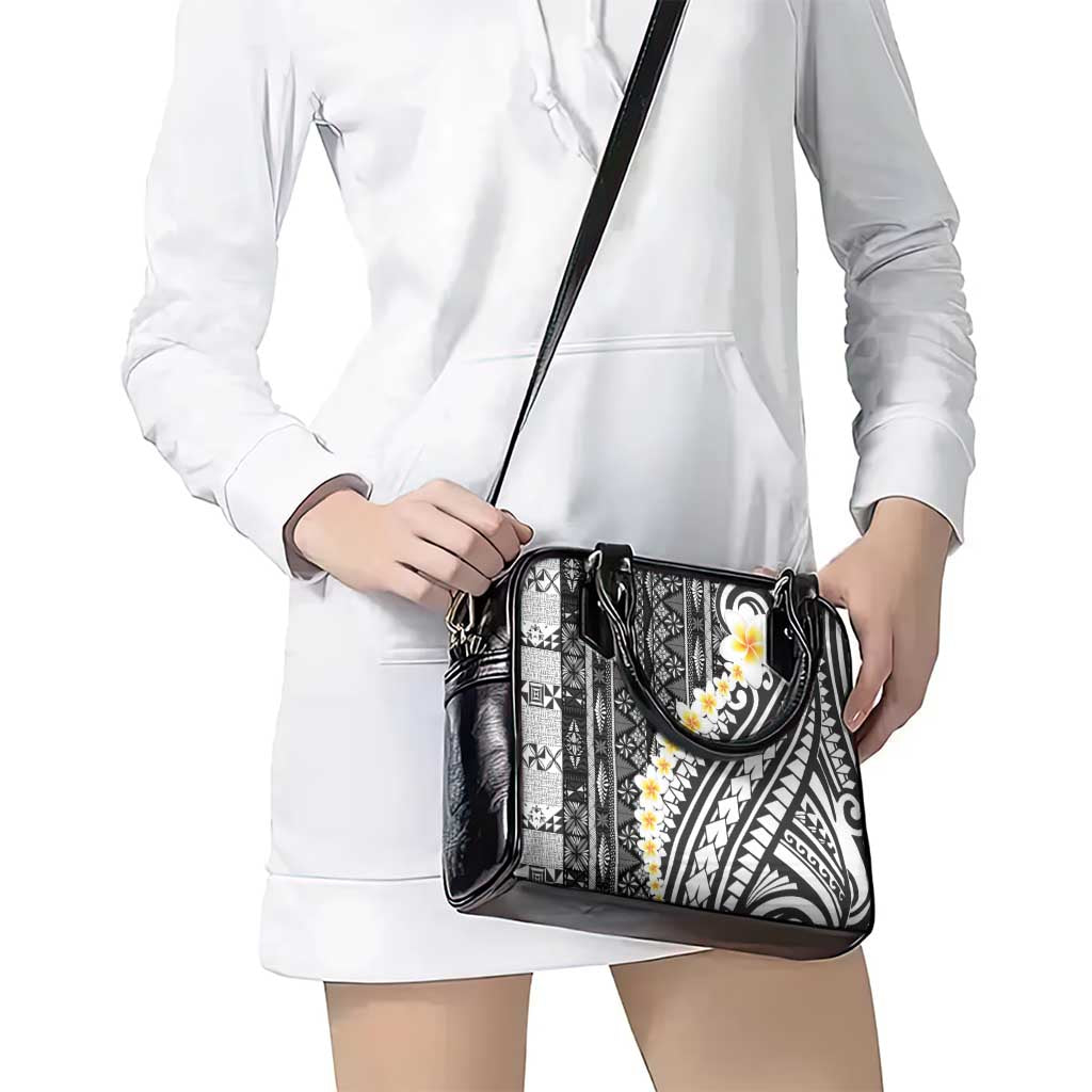 Black Vintage Tonga Ngatu Pattern With Plumeria Shoulder Handbag - Polynesian Pride