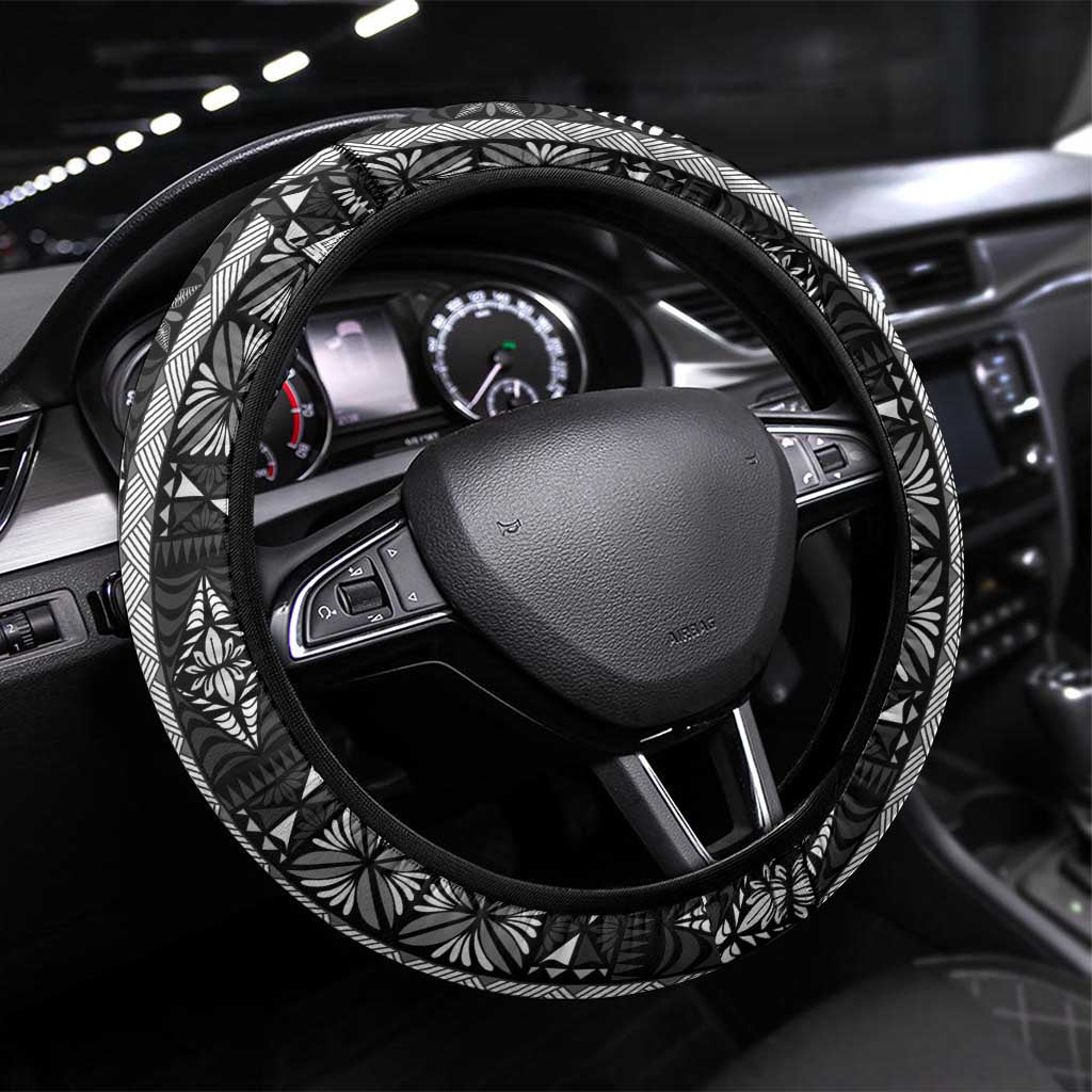 Black Vintage Tonga Ngatu Pattern With Plumeria Steering Wheel Cover - Polynesian Pride